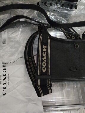 Coach Black Leather Crossbody with Branded Cream-Accent Strap
